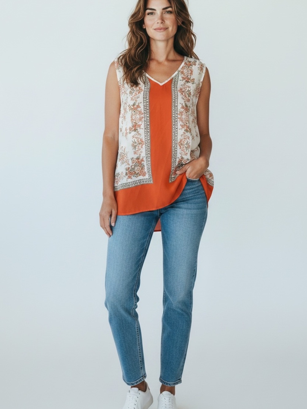 Violet & Claire Orange Center Panel Floral Cream Sleeveless V-Neck Blouse